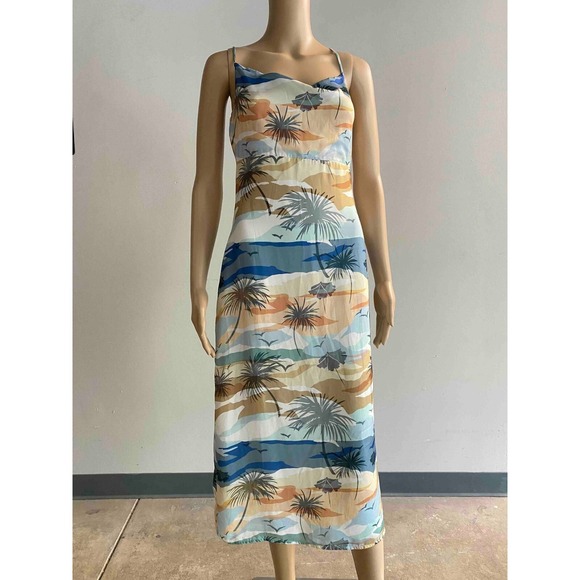 Greylin Dresses & Skirts - GREYLIN Tropical Palm Tree Cowl Neck Slip Dress Blue Tan XS